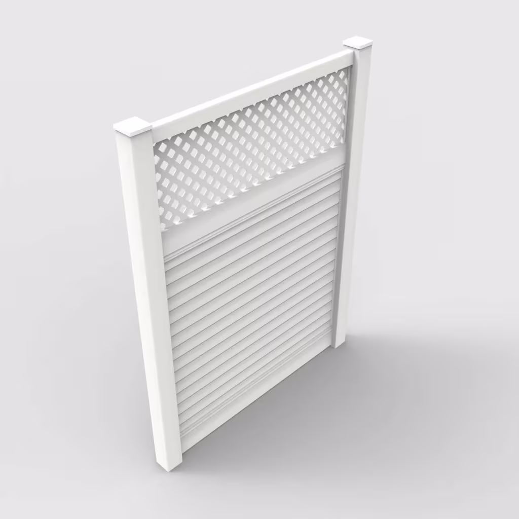 White horizontal privacy with lattice top 8 ft fence, isometric view