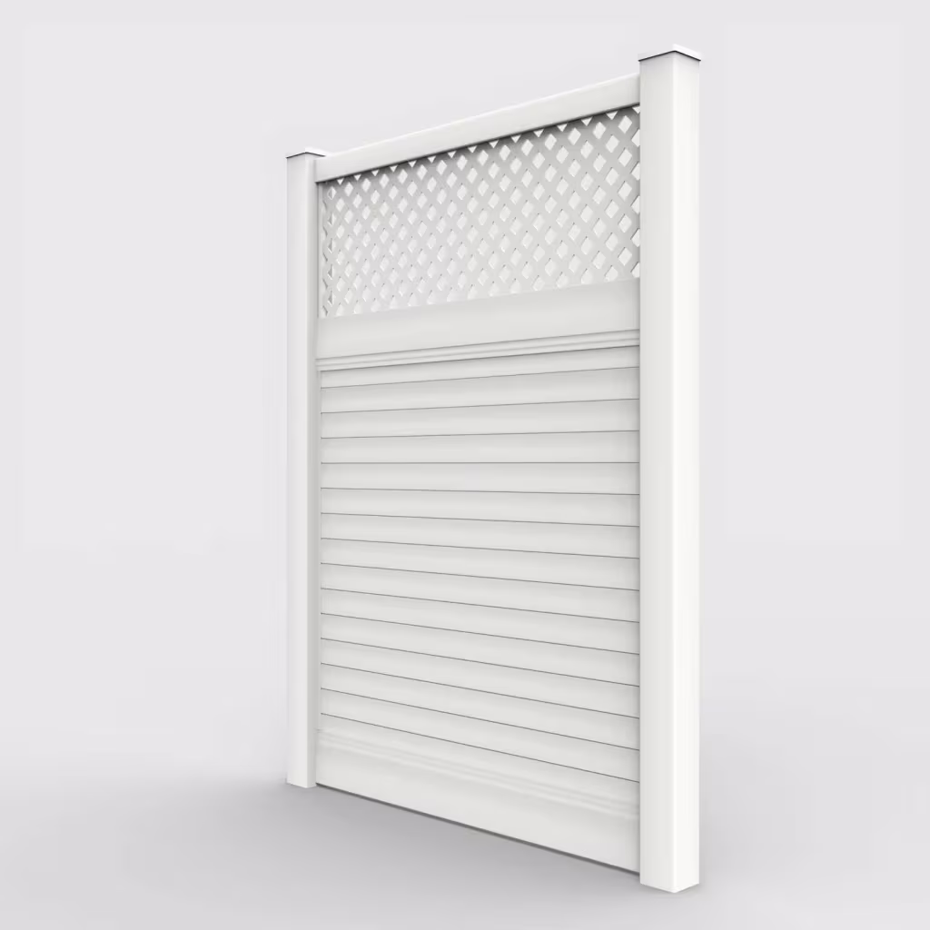 White horizontal privacy with lattice top 8 ft fence, left-side view