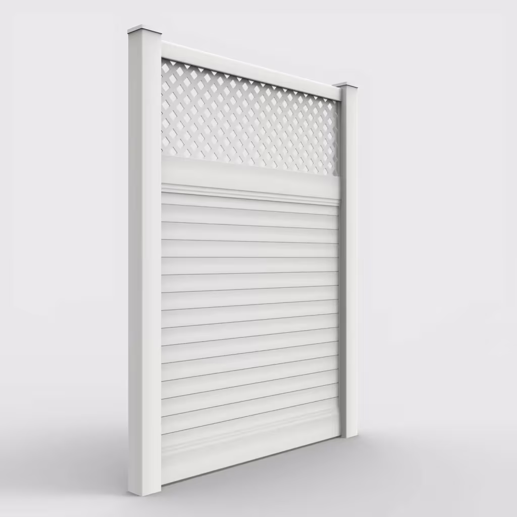 White horizontal privacy with lattice top 8 ft fence, right-side view