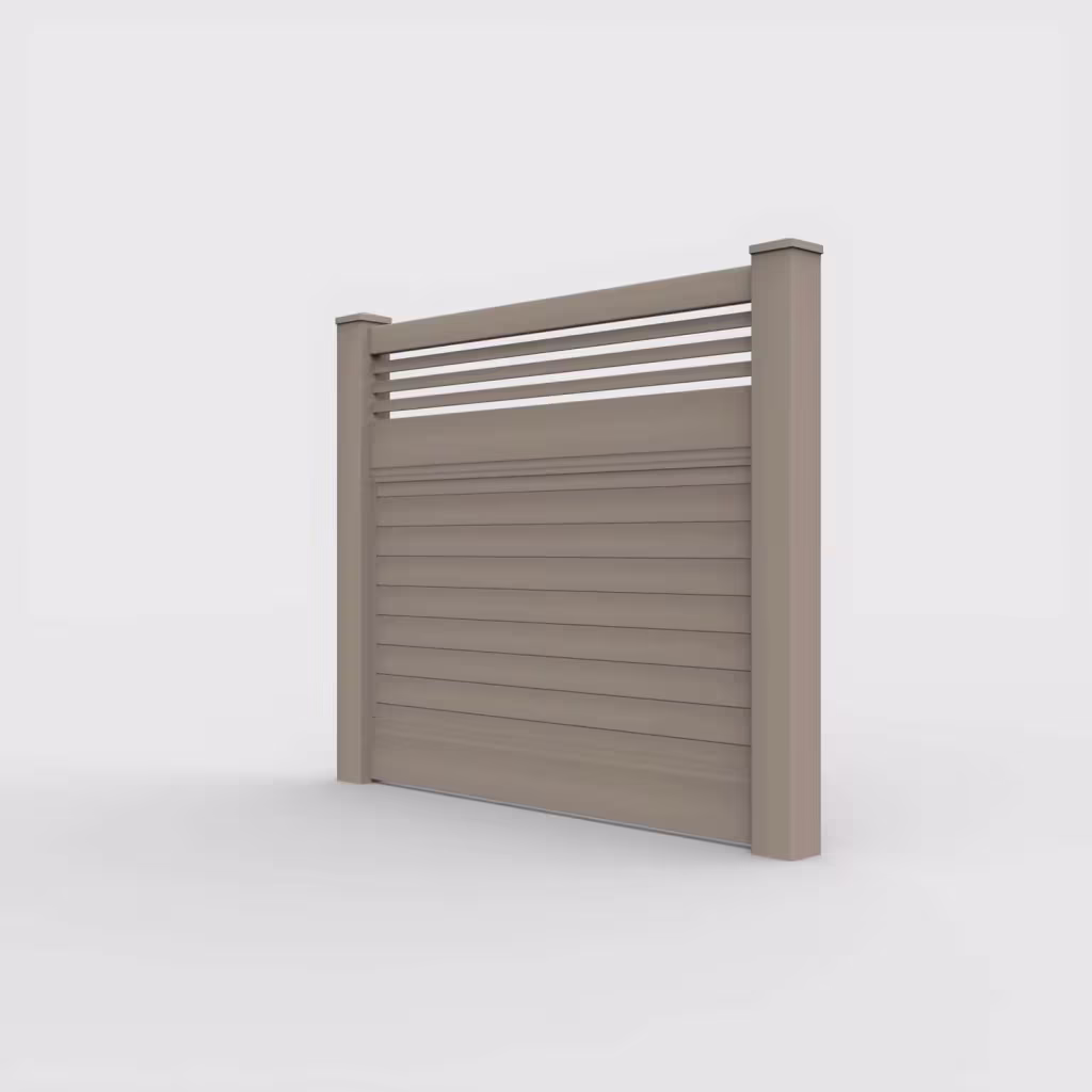 Clay horizontal privacy with picket horizontal top 5 ft fence, left-side view