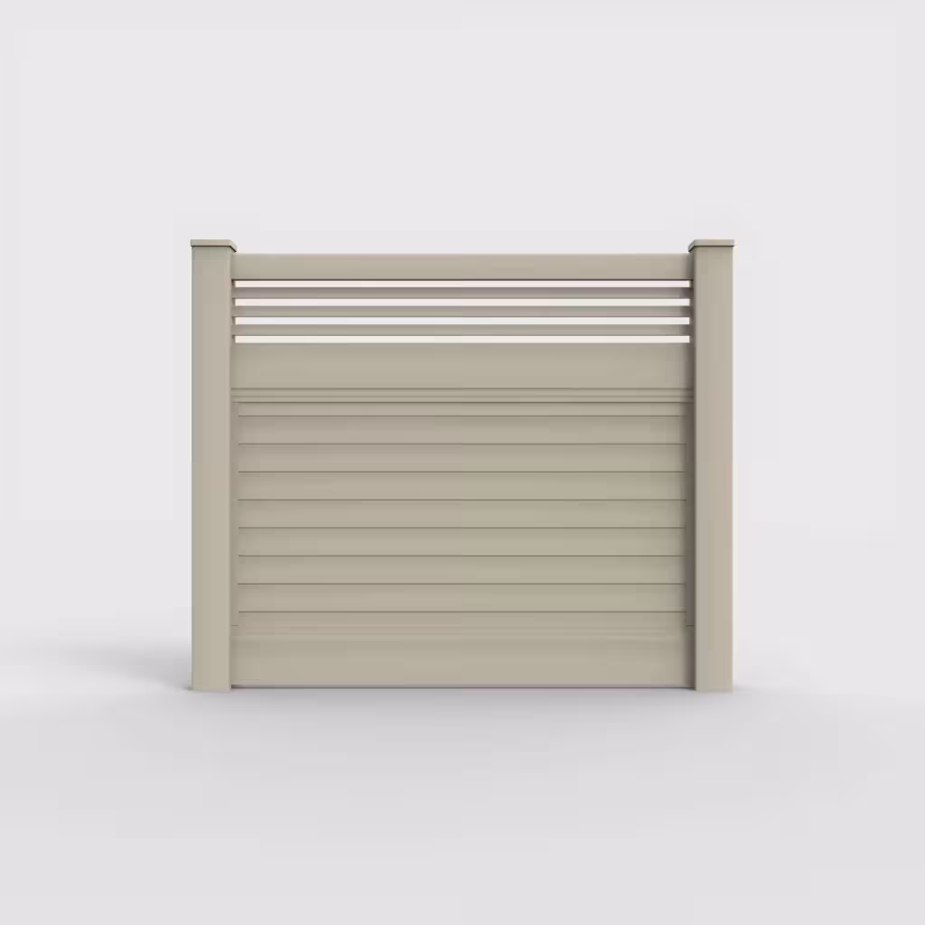 Tan horizontal privacy with picket horizontal top 5 ft fence, front view
