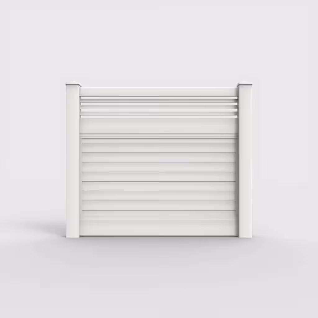 White horizontal privacy with picket horizontal top 5 ft fence, front view