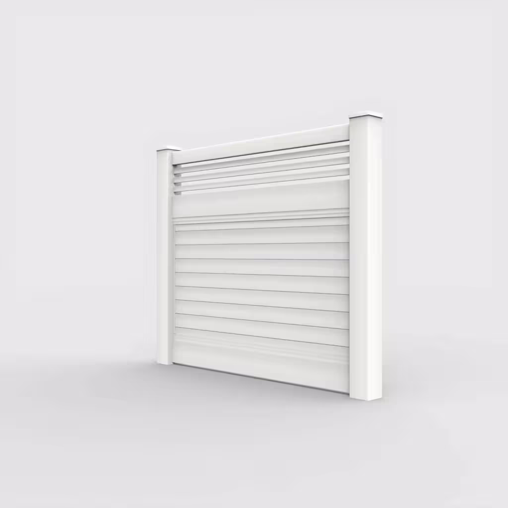 White horizontal privacy with picket horizontal top 5 ft fence, left-side view