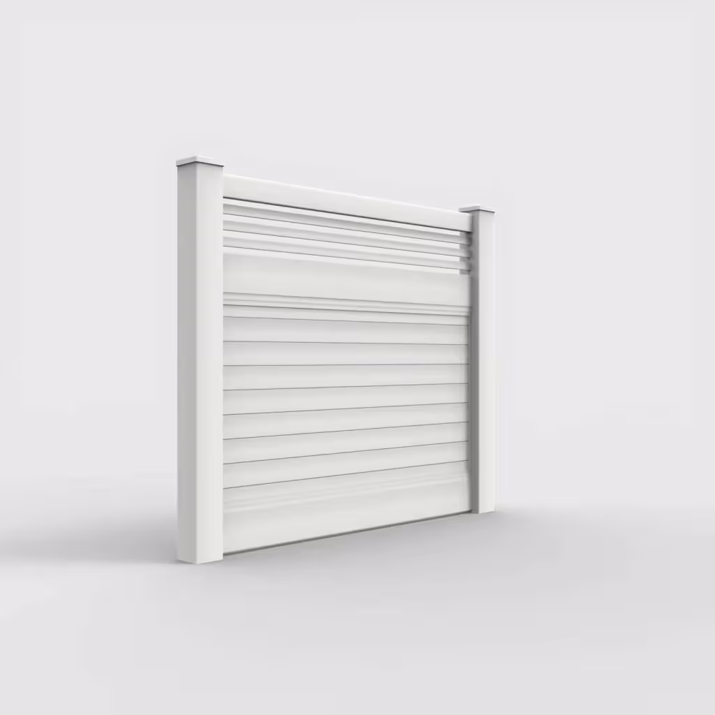 White horizontal privacy with picket horizontal top 5 ft fence, right-side view
