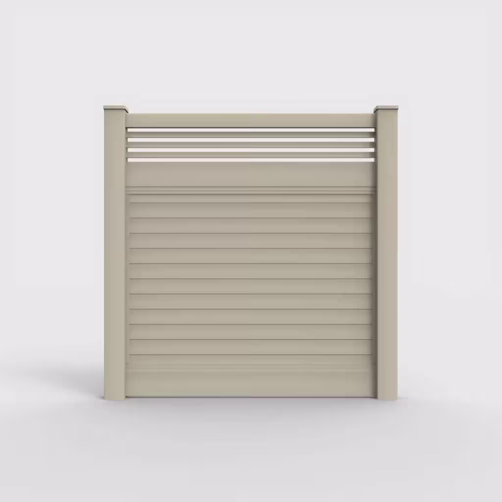 Tan horizontal privacy with picket horizontal top 6 ft fence, front view