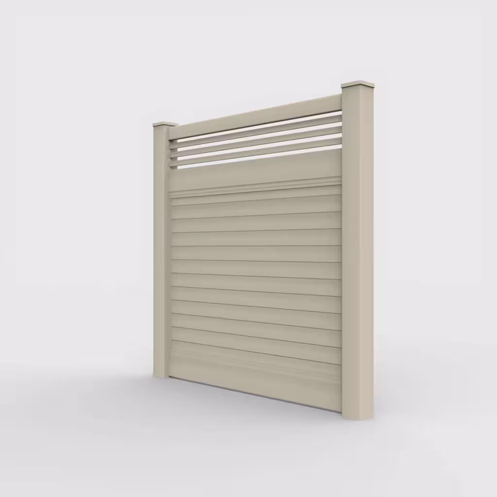 Tan horizontal privacy with picket horizontal top 6 ft fence, left-side view