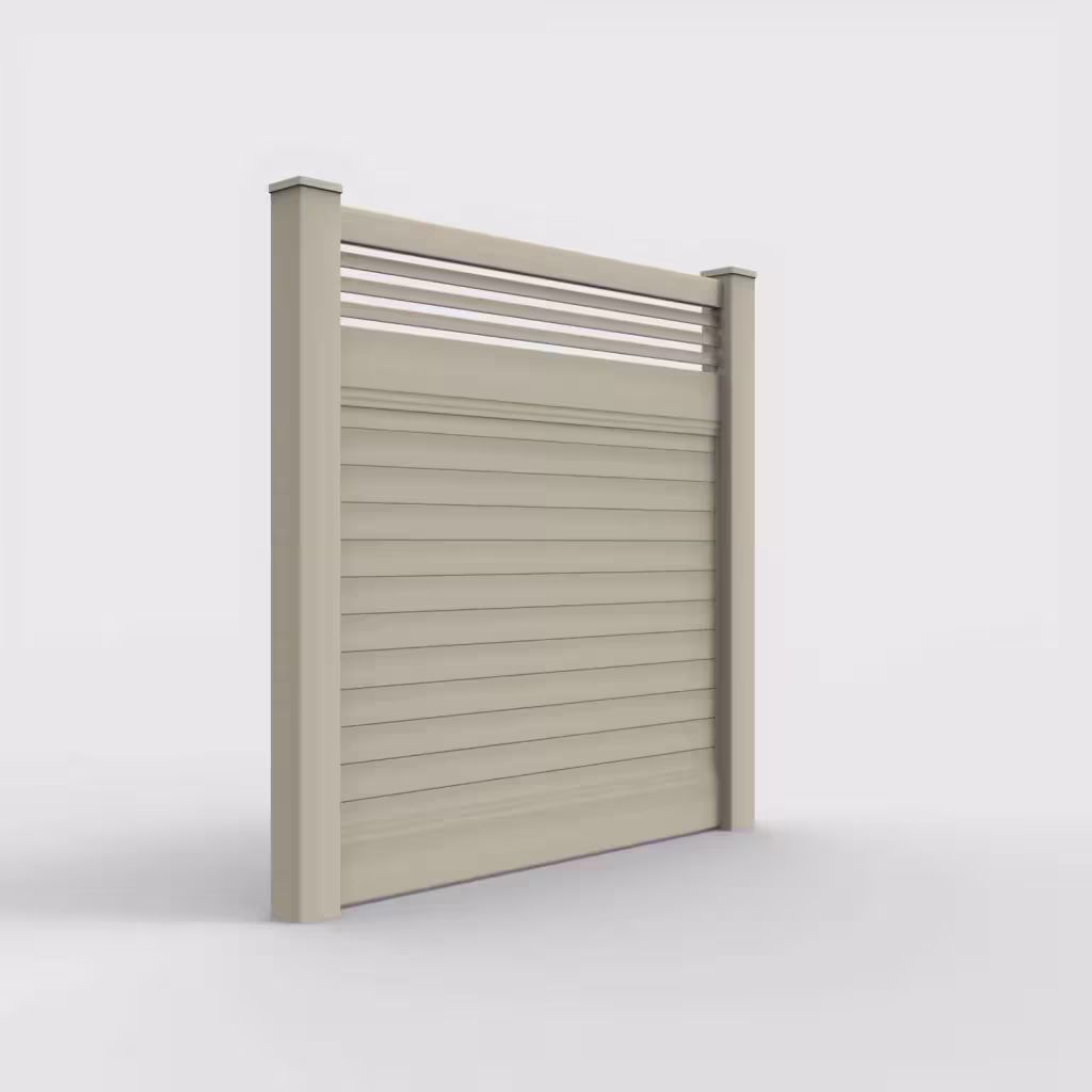 Tan horizontal privacy with picket horizontal top 6 ft fence, right-side view