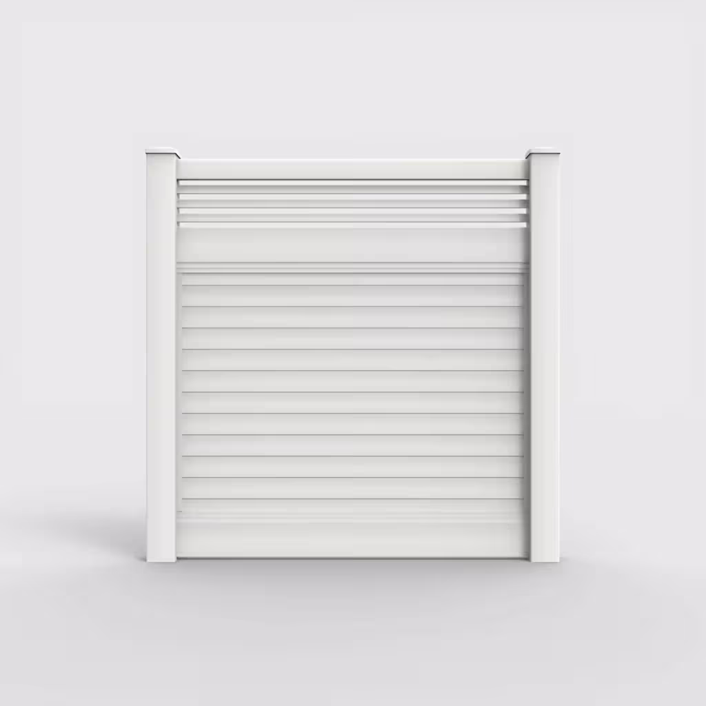 White horizontal privacy with picket horizontal top 6 ft fence, front view