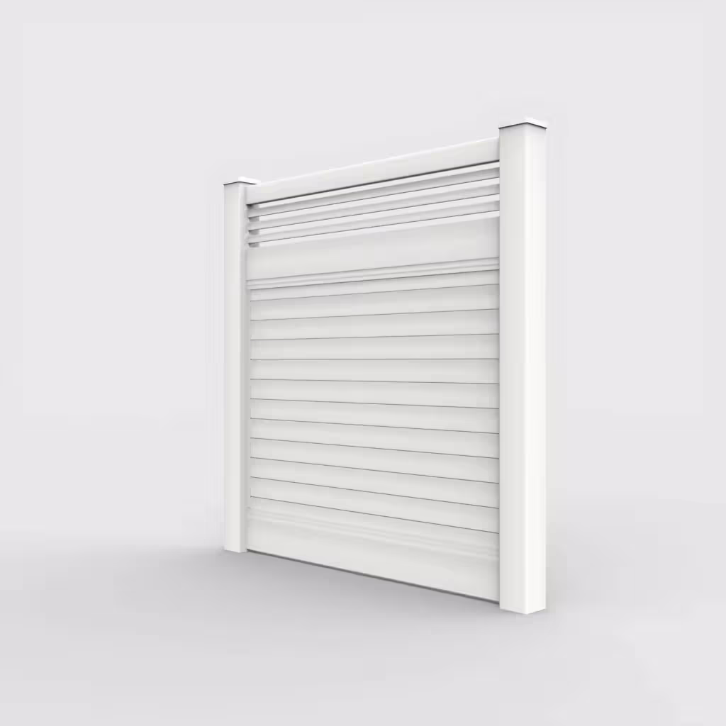 White horizontal privacy with picket horizontal top 6 ft fence, left-side view