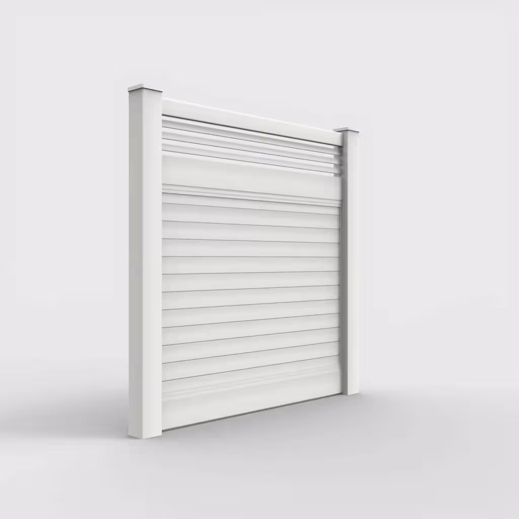 White horizontal privacy with picket horizontal top 6 ft fence, right-side view