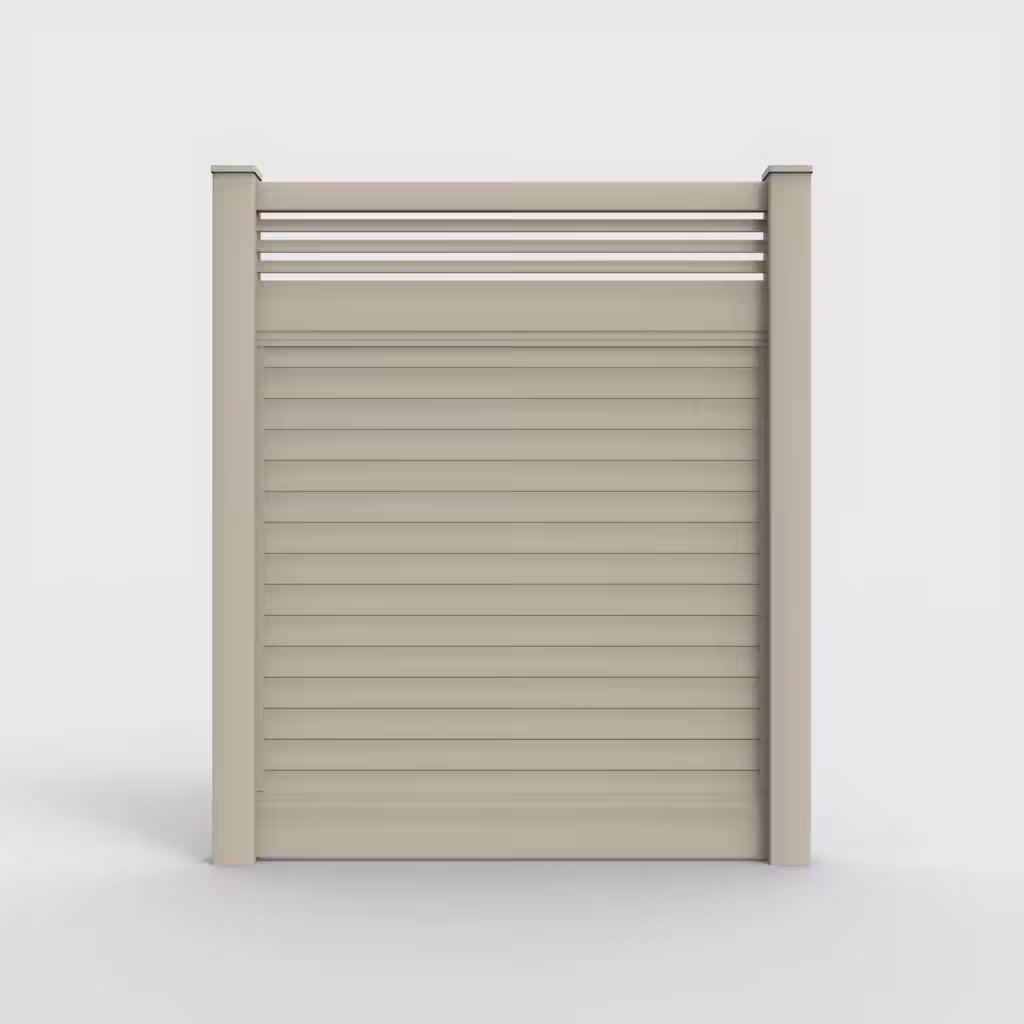 Tan horizontal privacy with picket horizontal top 7 ft fence, front view