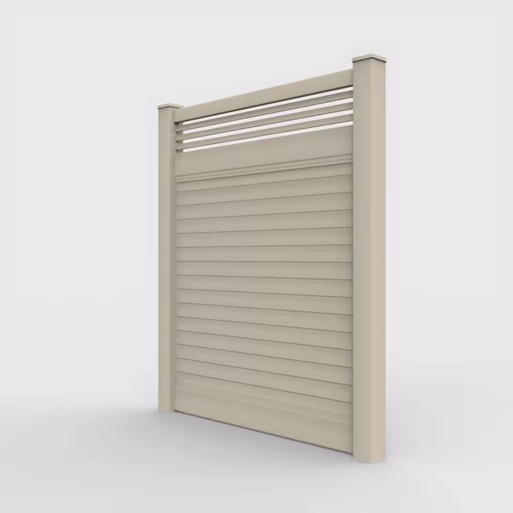 Tan horizontal privacy with picket horizontal top 7 ft fence, left-side view
