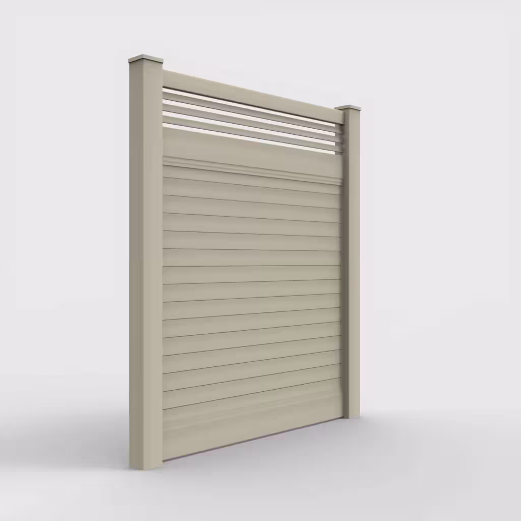 Tan horizontal privacy with picket horizontal top 7 ft fence, right-side view