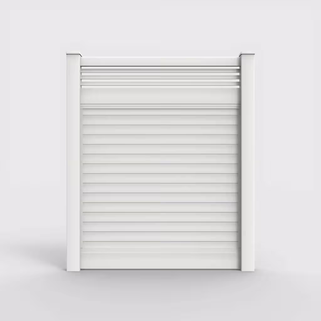 White horizontal privacy with picket horizontal top 7 ft fence, front view