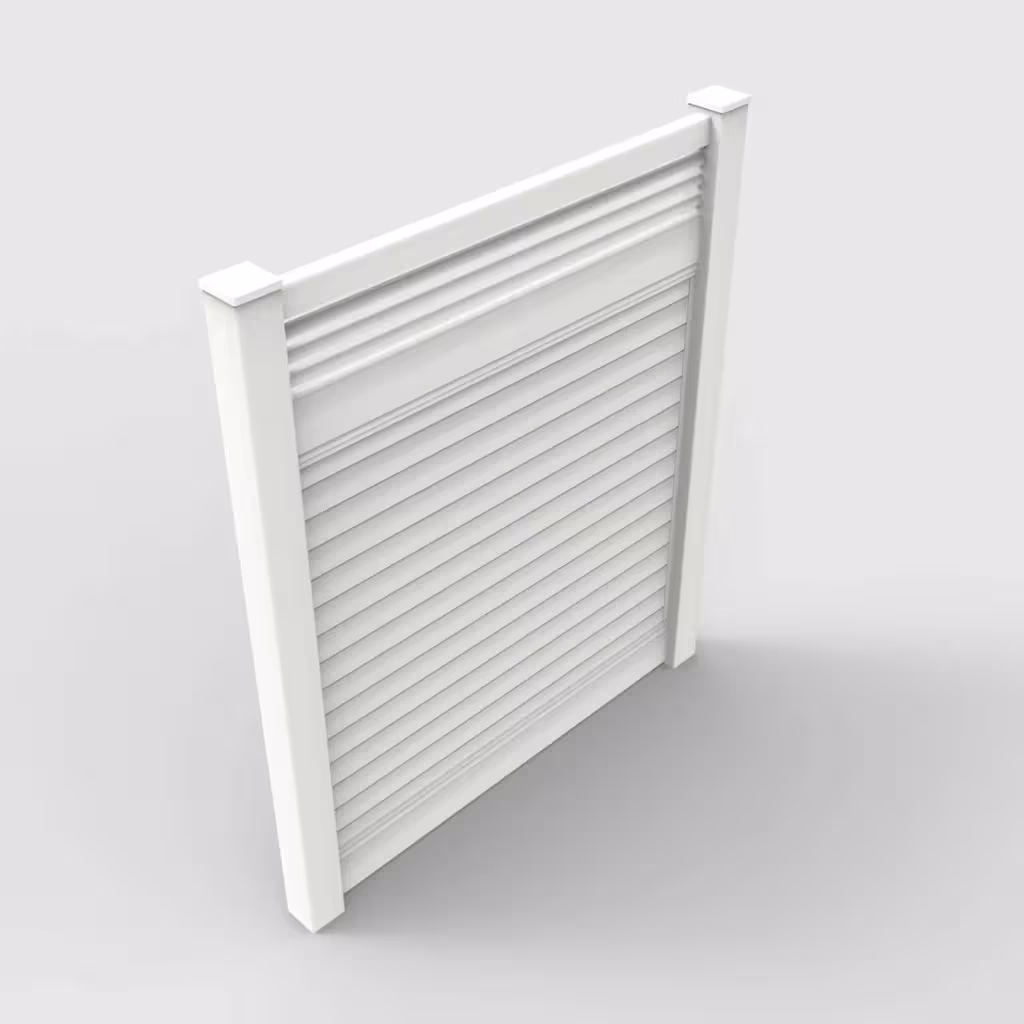 White horizontal privacy with picket horizontal top 7 ft fence, isometric view