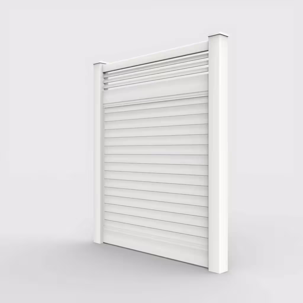 White horizontal privacy with picket horizontal top 7 ft fence, left-side view