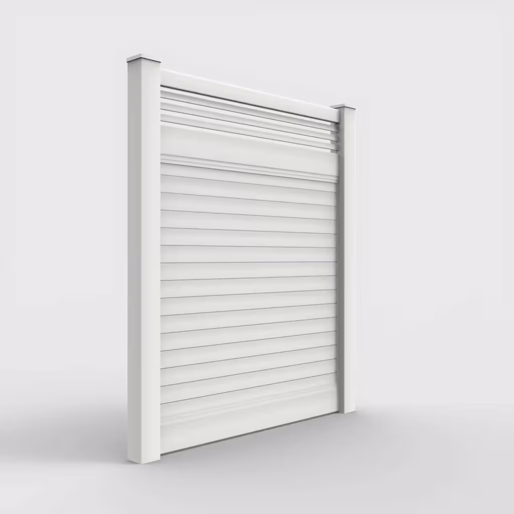 White horizontal privacy with picket horizontal top 7 ft fence, right-side view