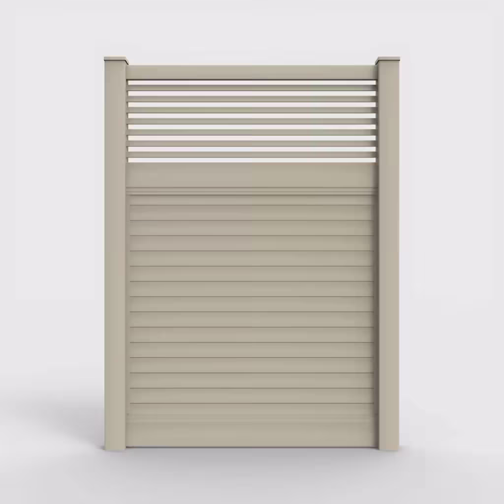 Tan horizontal privacy with picket horizontal top 8 ft fence, front view