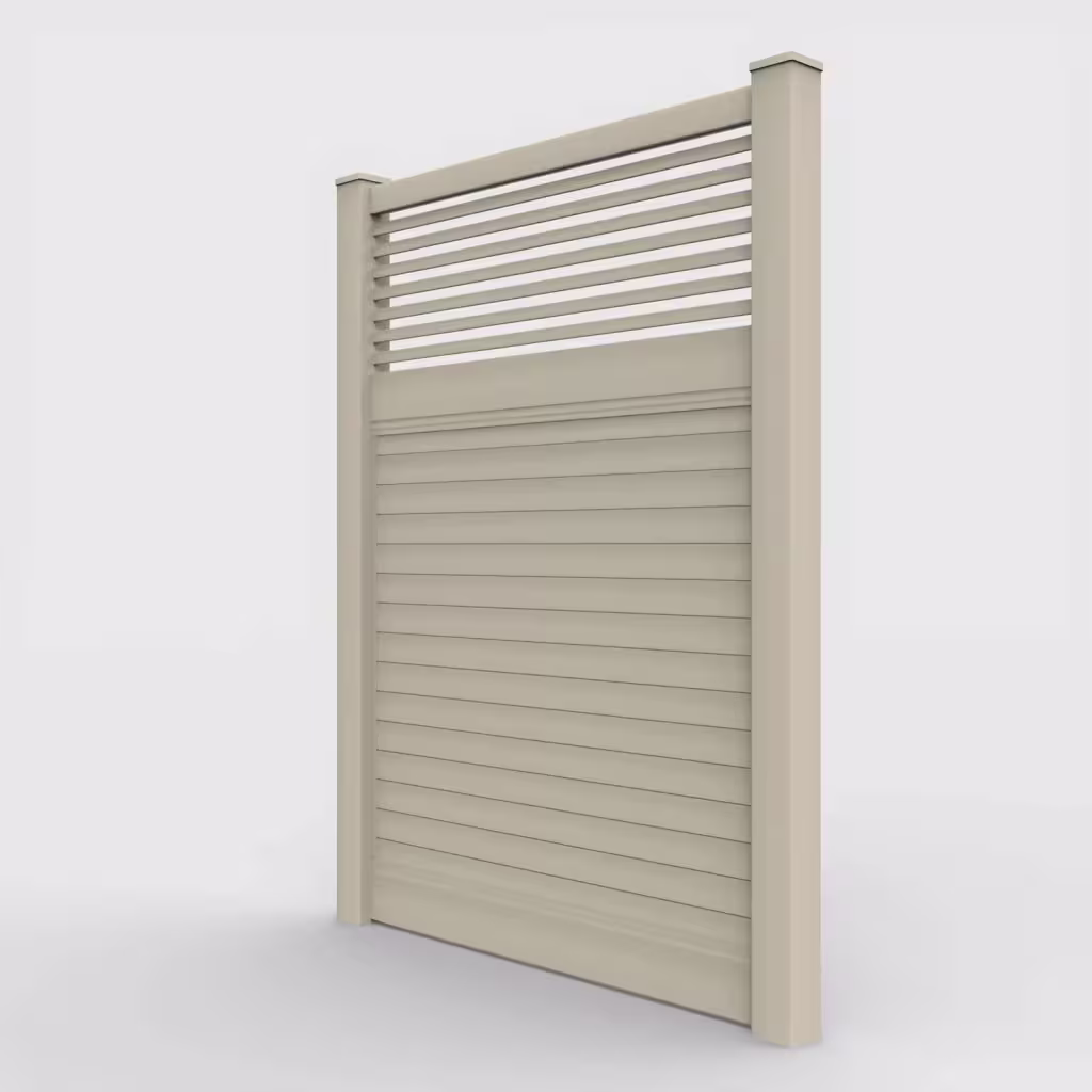 Tan horizontal privacy with picket horizontal top 8 ft fence, left-side view
