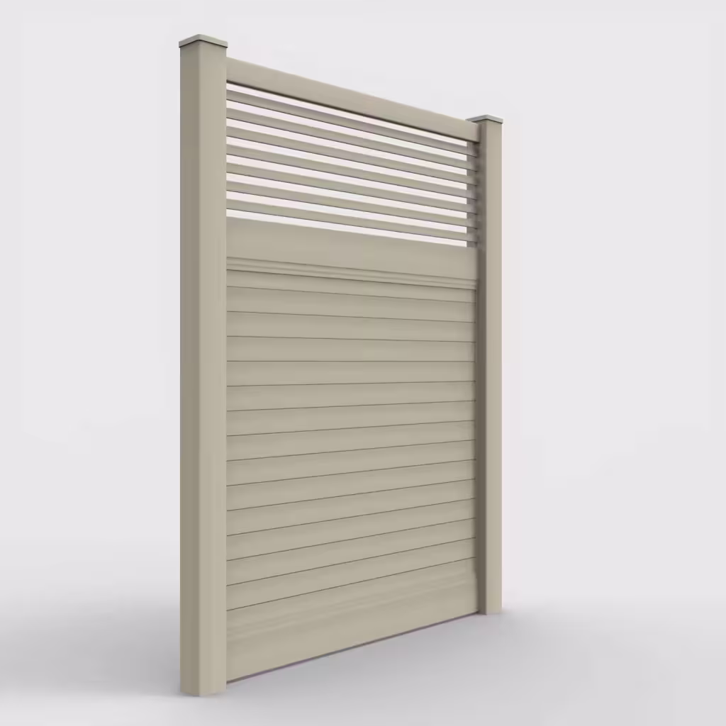 Tan horizontal privacy with picket horizontal top 8 ft fence, right-side view