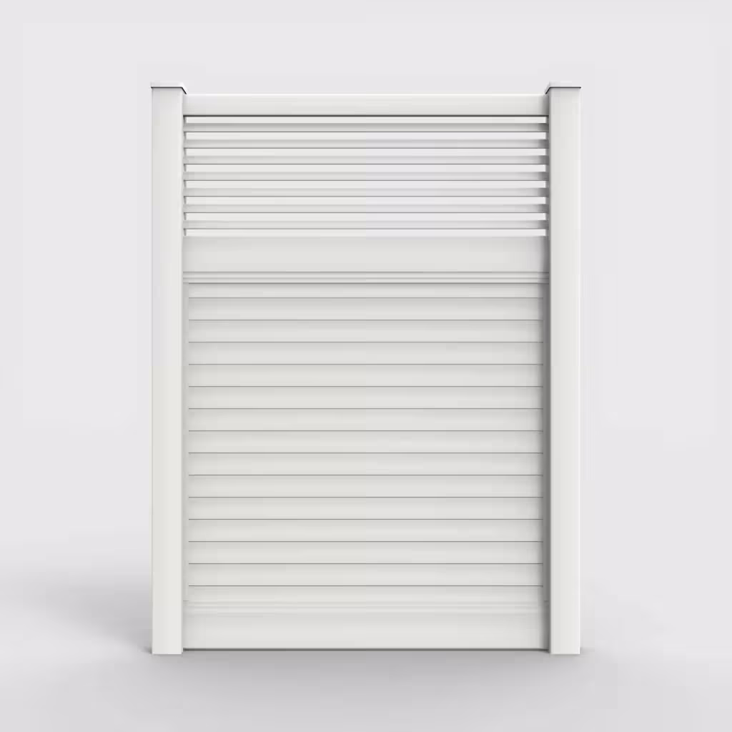 White horizontal privacy with picket horizontal top 8 ft fence, front view