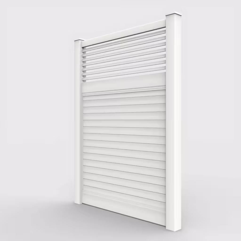 White horizontal privacy with picket horizontal top 8 ft fence, left-side view