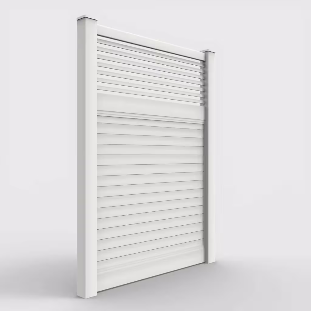 White horizontal privacy with picket horizontal top 8 ft fence, right-side view