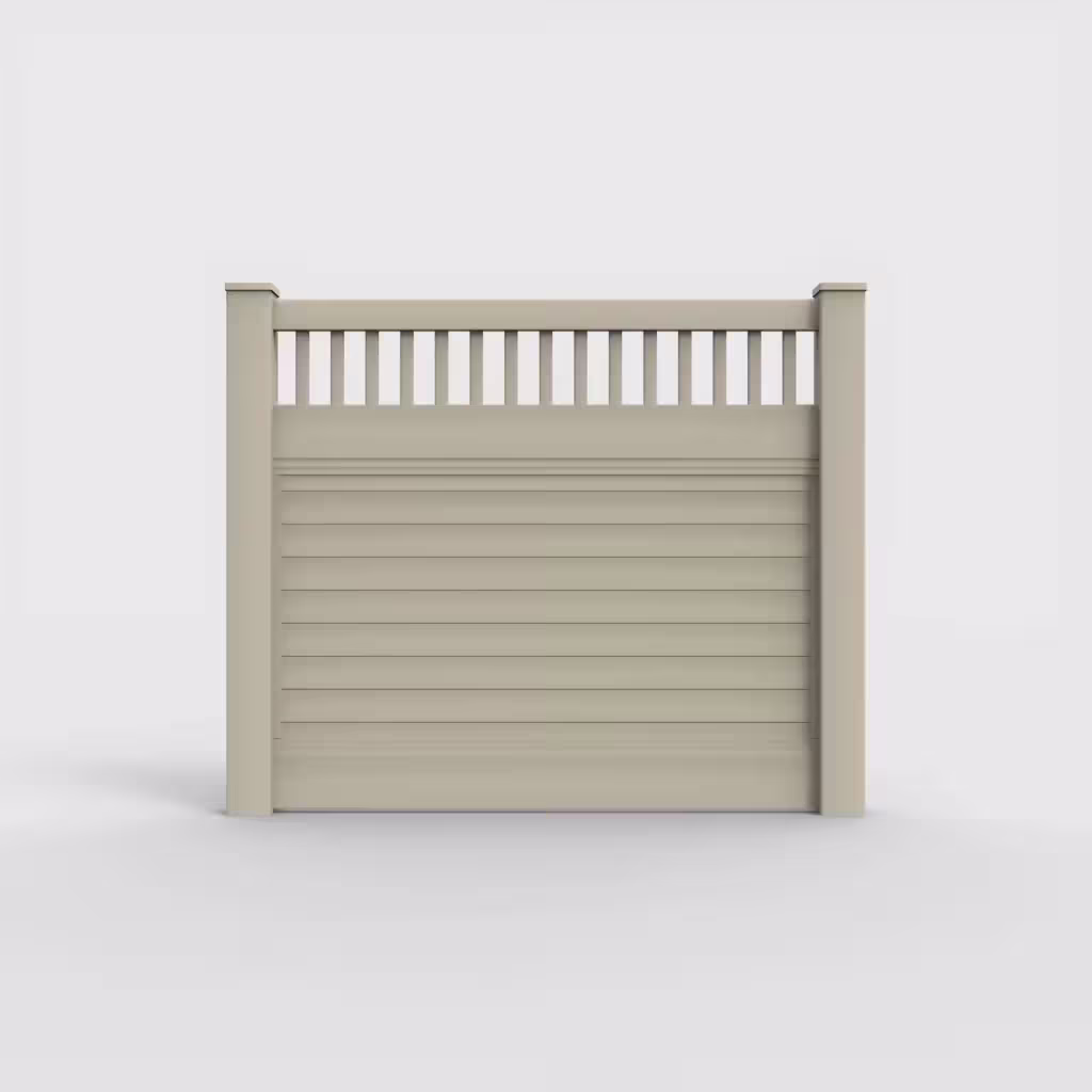 Tan horizontal privacy with picket vertical top 5 ft fence, front view