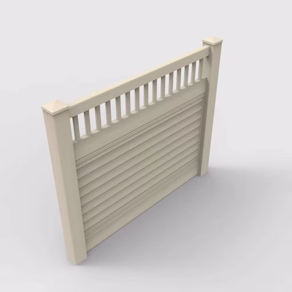 Tan horizontal privacy with picket vertical top 5 ft fence, isometric view