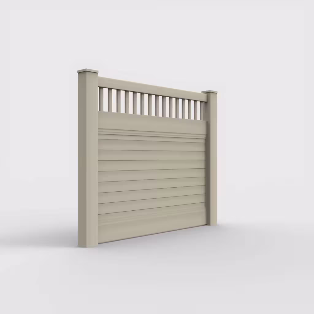 Tan horizontal privacy with picket vertical top 5 ft fence, right-side view