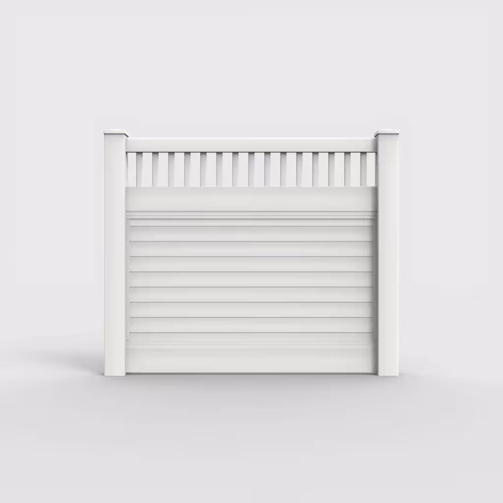White horizontal privacy with picket vertical top 5 ft fence, front view