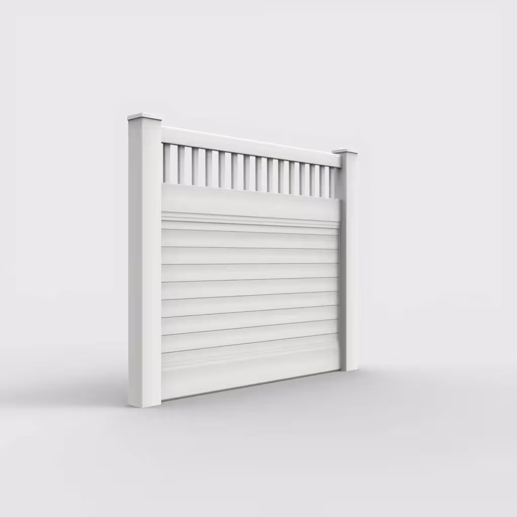 White horizontal privacy with picket vertical top 5 ft fence, right-side view