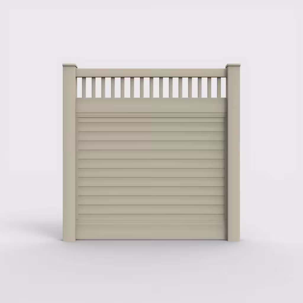 Tan horizontal privacy with picket vertical top 6 ft fence, front view