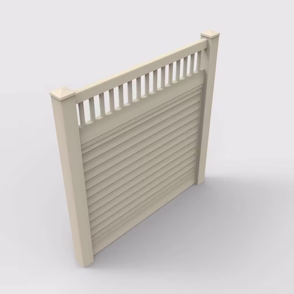 Tan horizontal privacy with picket vertical top 6 ft fence, isometric view