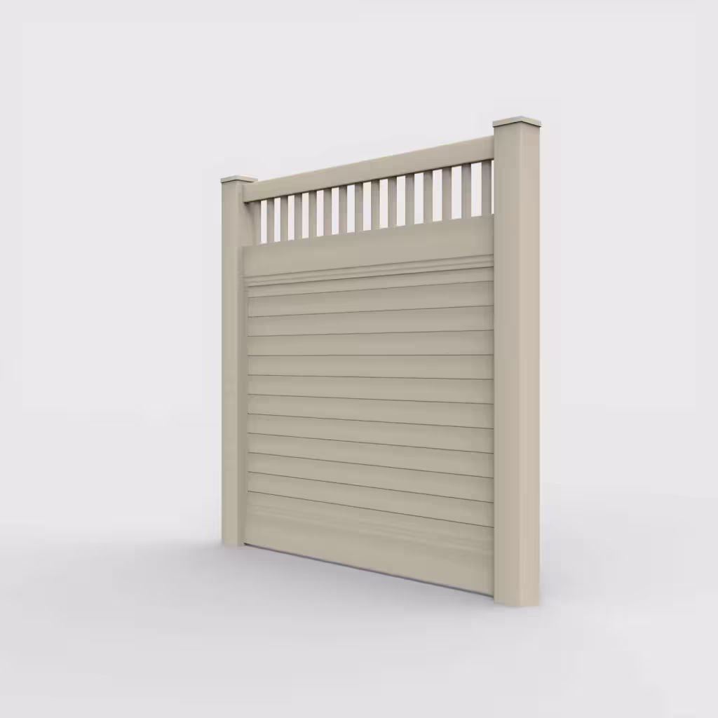 Tan horizontal privacy with picket vertical top 6 ft fence, left-side view