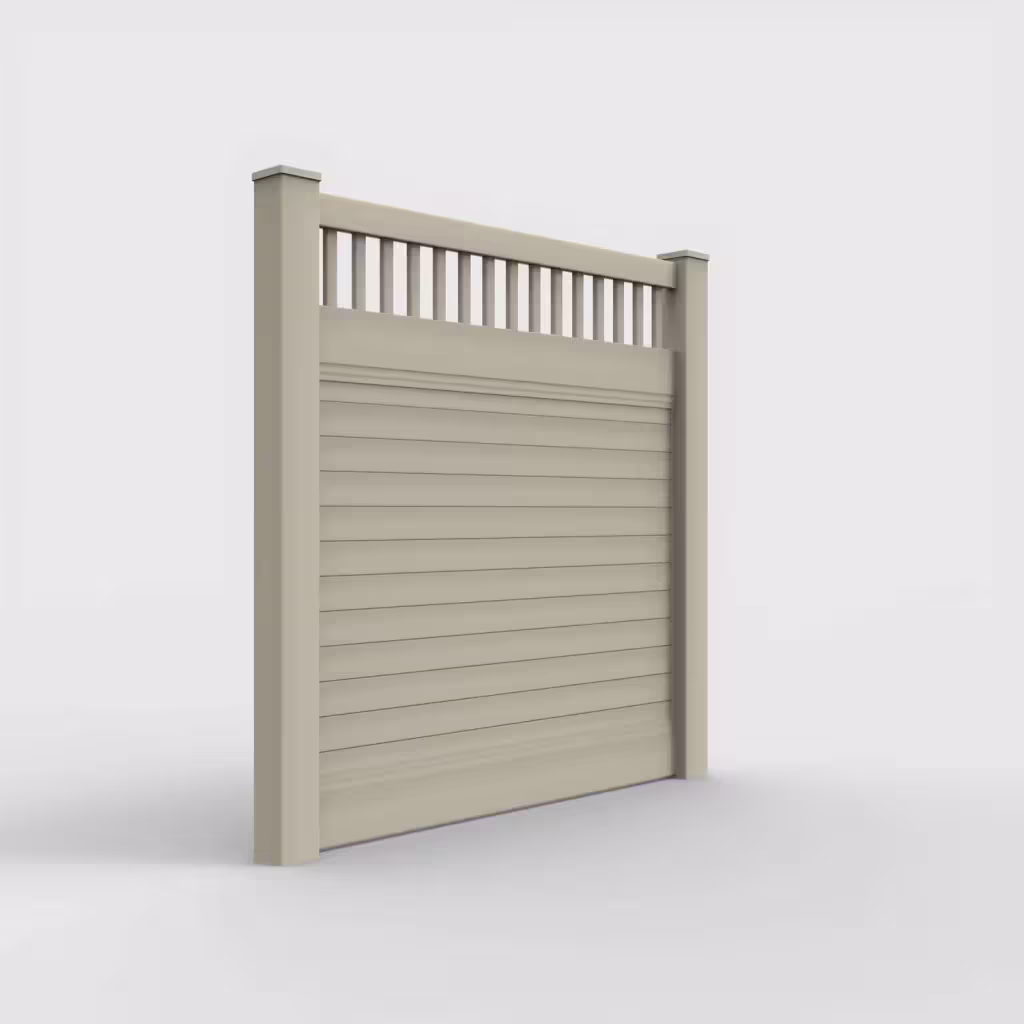 Tan horizontal privacy with picket vertical top 6 ft fence, right-side view