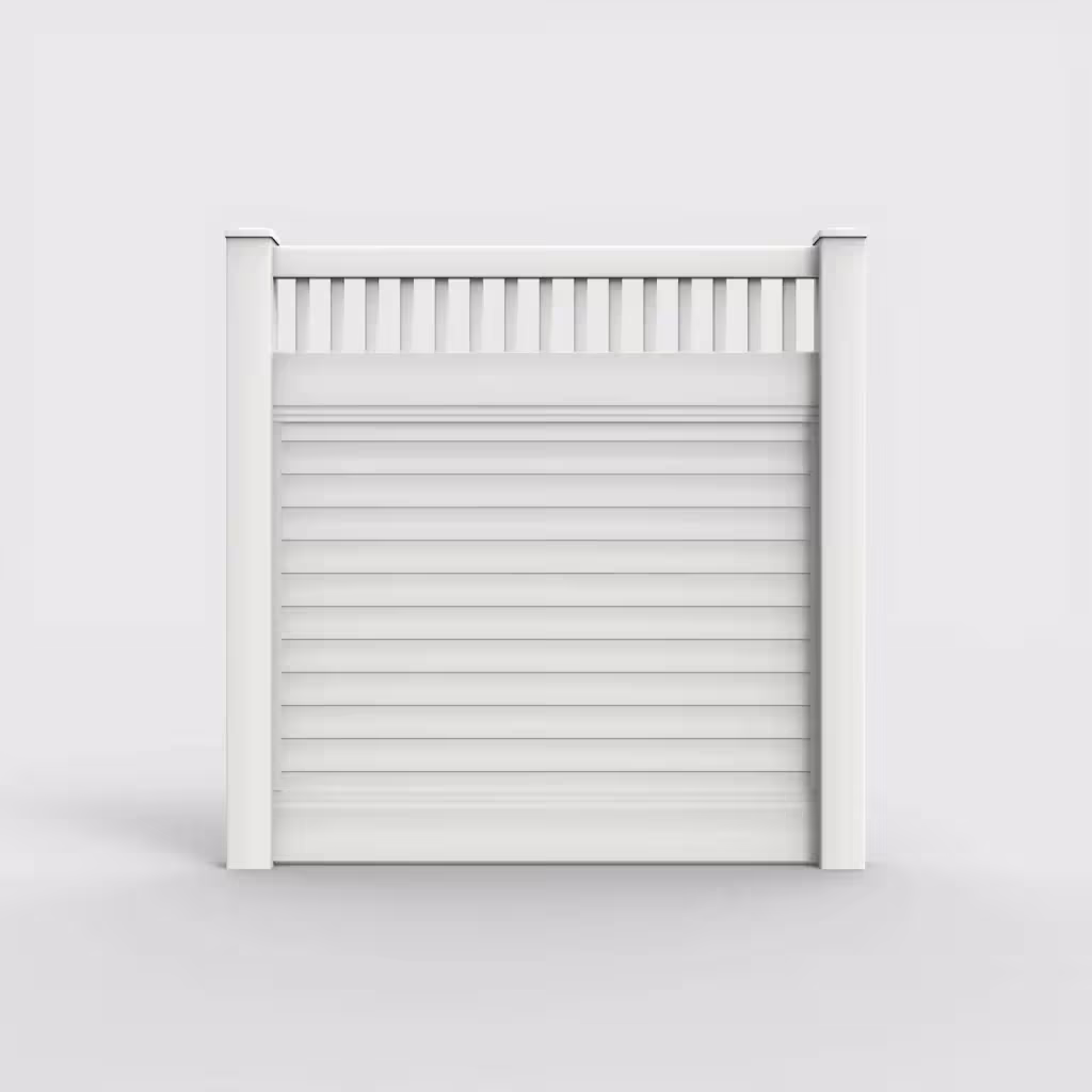 White horizontal privacy with picket vertical top 6 ft fence, front view