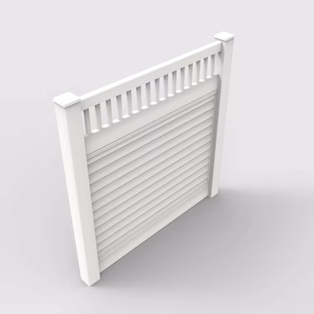 White horizontal privacy with picket vertical top 6 ft fence, isometric view
