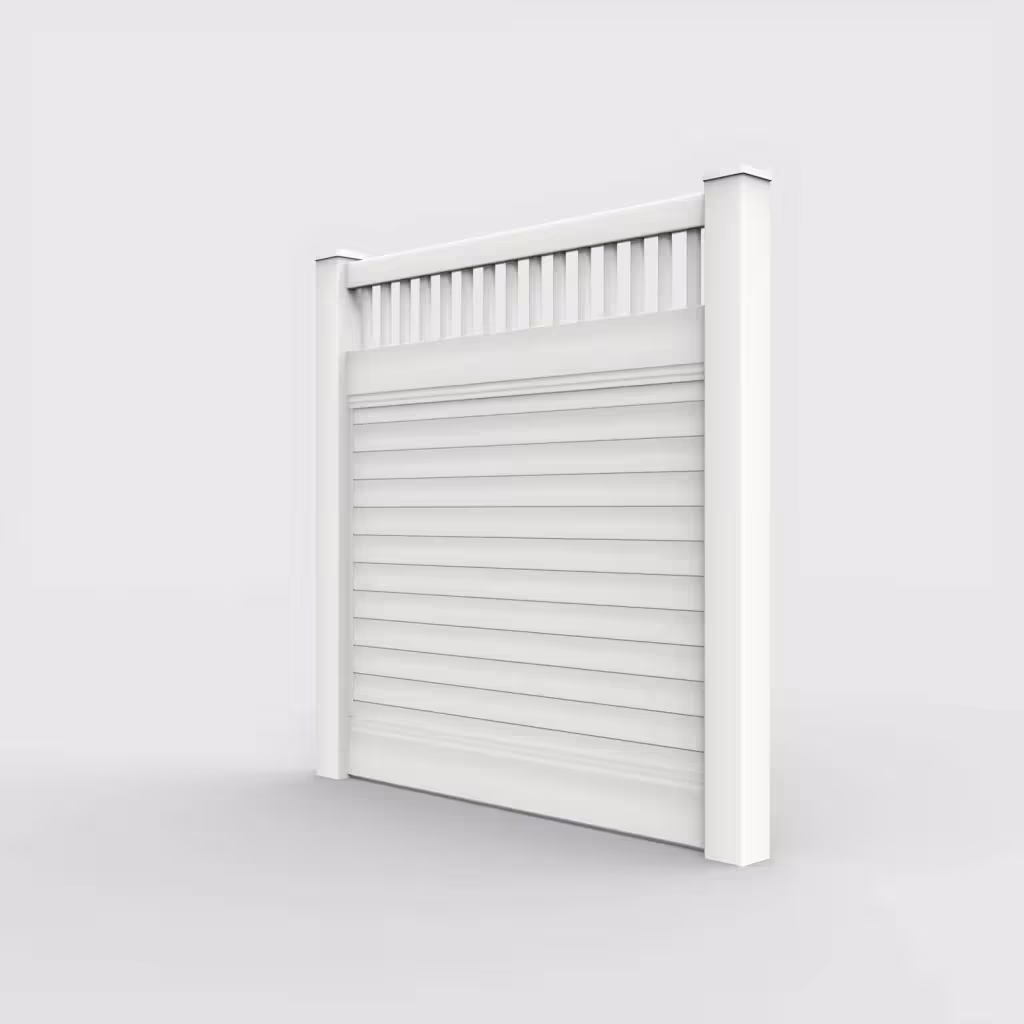 White horizontal privacy with picket vertical top 6 ft fence, left-side view