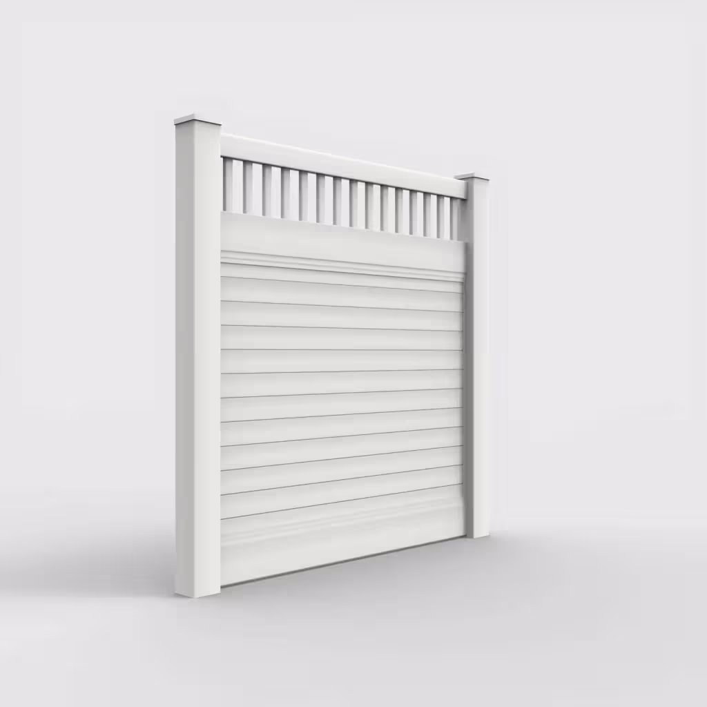 White horizontal privacy with picket vertical top 6 ft fence, right-side view