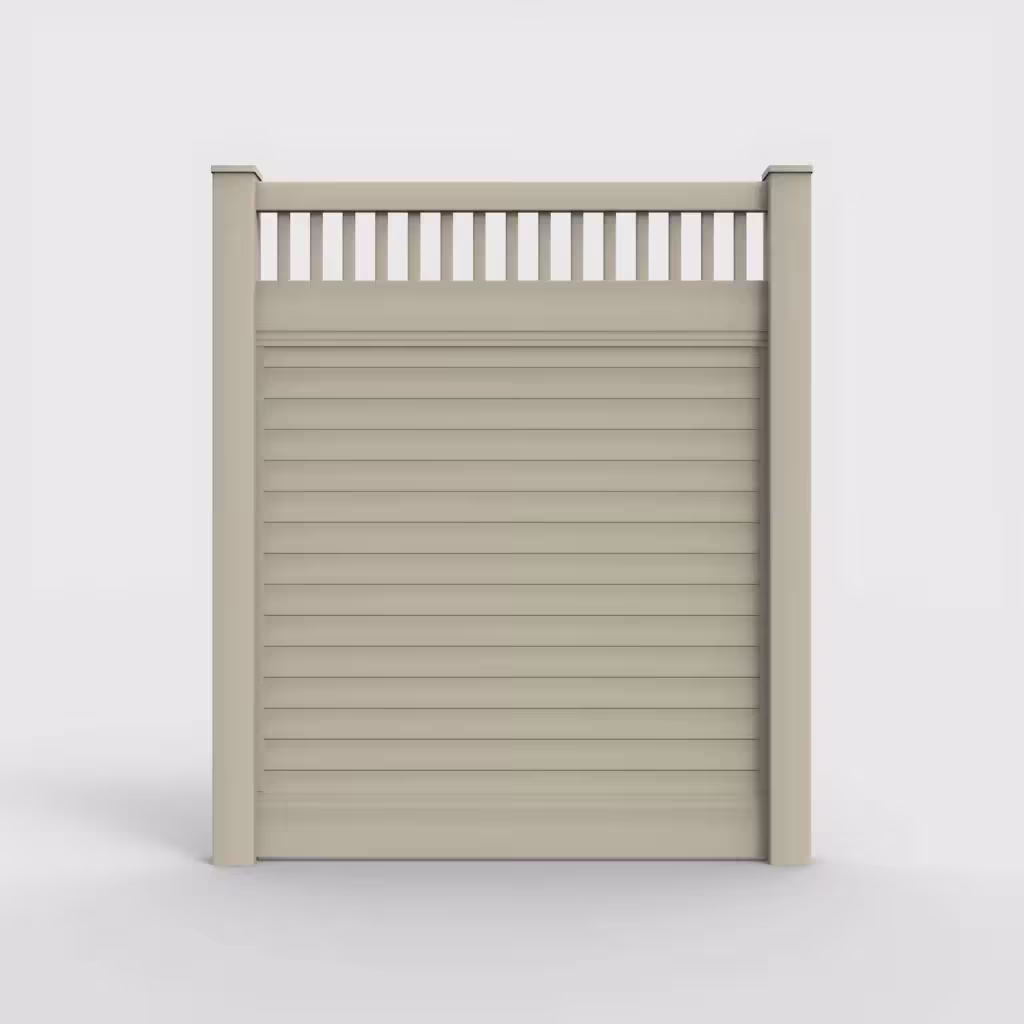 Tan horizontal privacy with picket vertical top 7 ft fence, front view