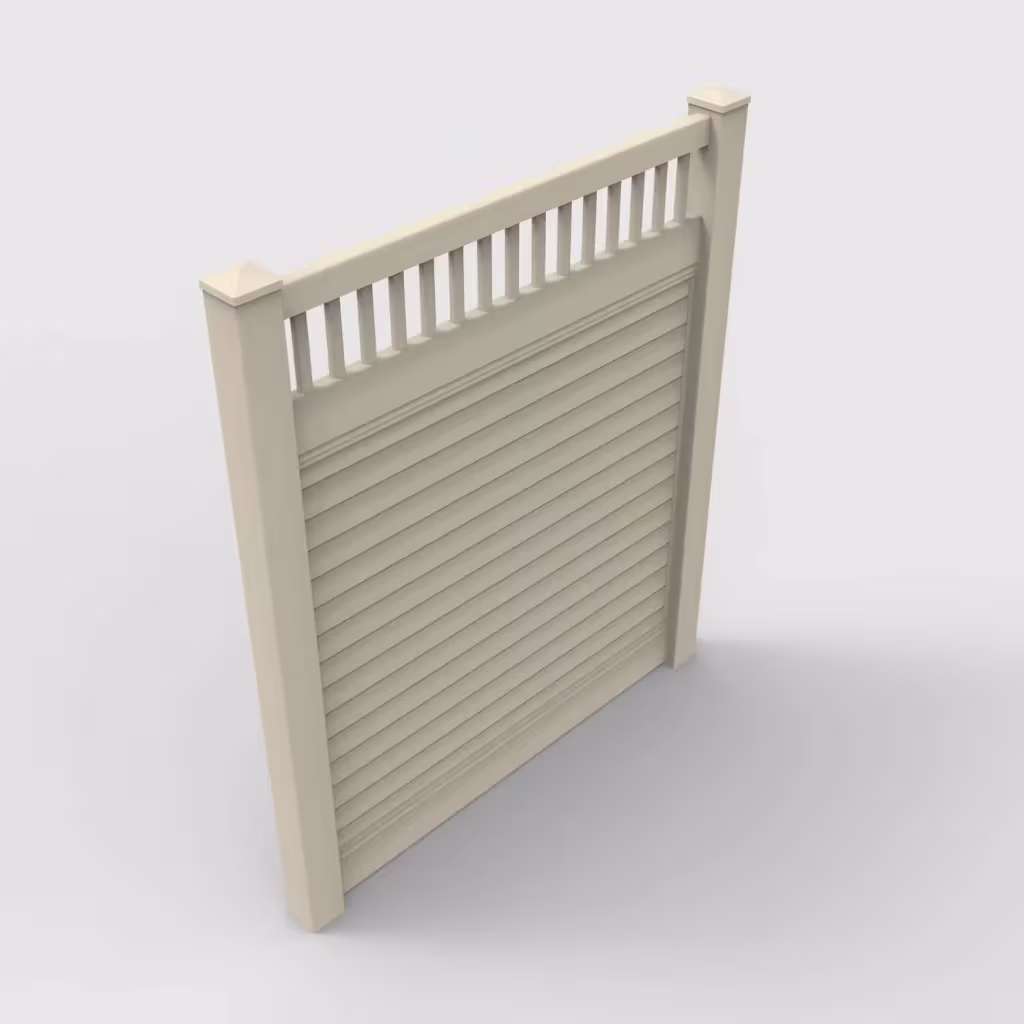 Tan horizontal privacy with picket vertical top 7 ft fence, isometric view