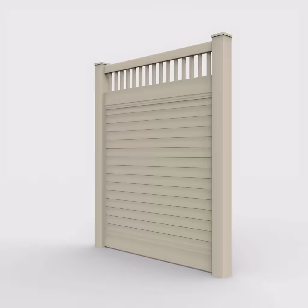 Tan horizontal privacy with picket vertical top 7 ft fence, left-side view