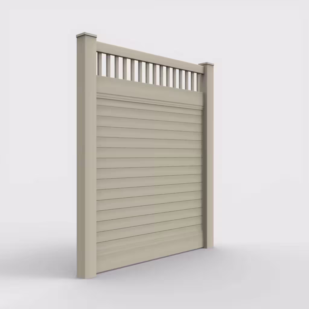 Tan horizontal privacy with picket vertical top 7 ft fence, right-side view