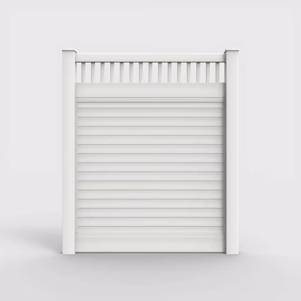 White horizontal privacy with picket vertical top 7 ft fence, front view