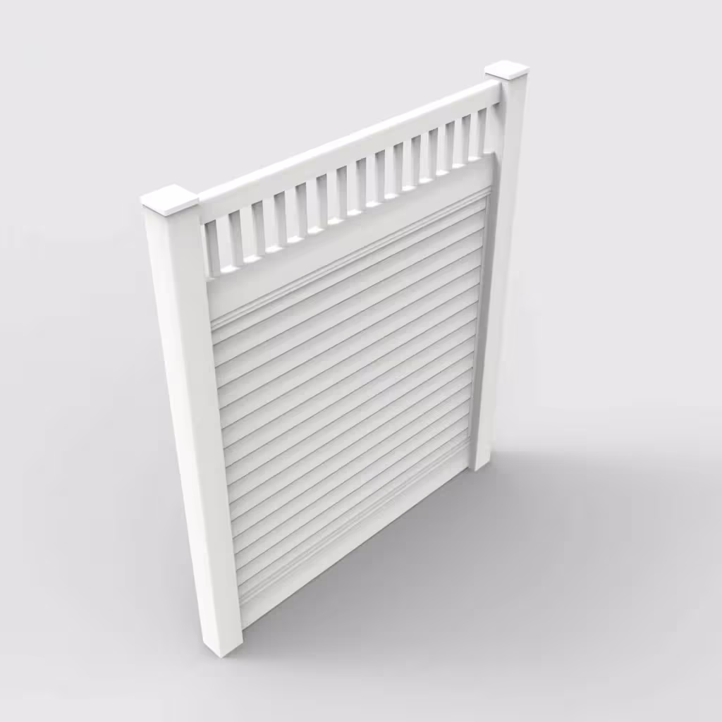 White horizontal privacy with picket vertical top 7 ft fence, isometric view