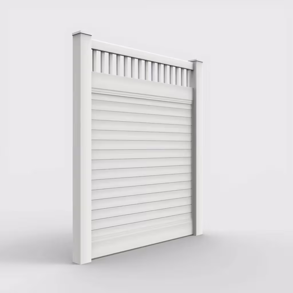 White horizontal privacy with picket vertical top 7 ft fence, right-side view