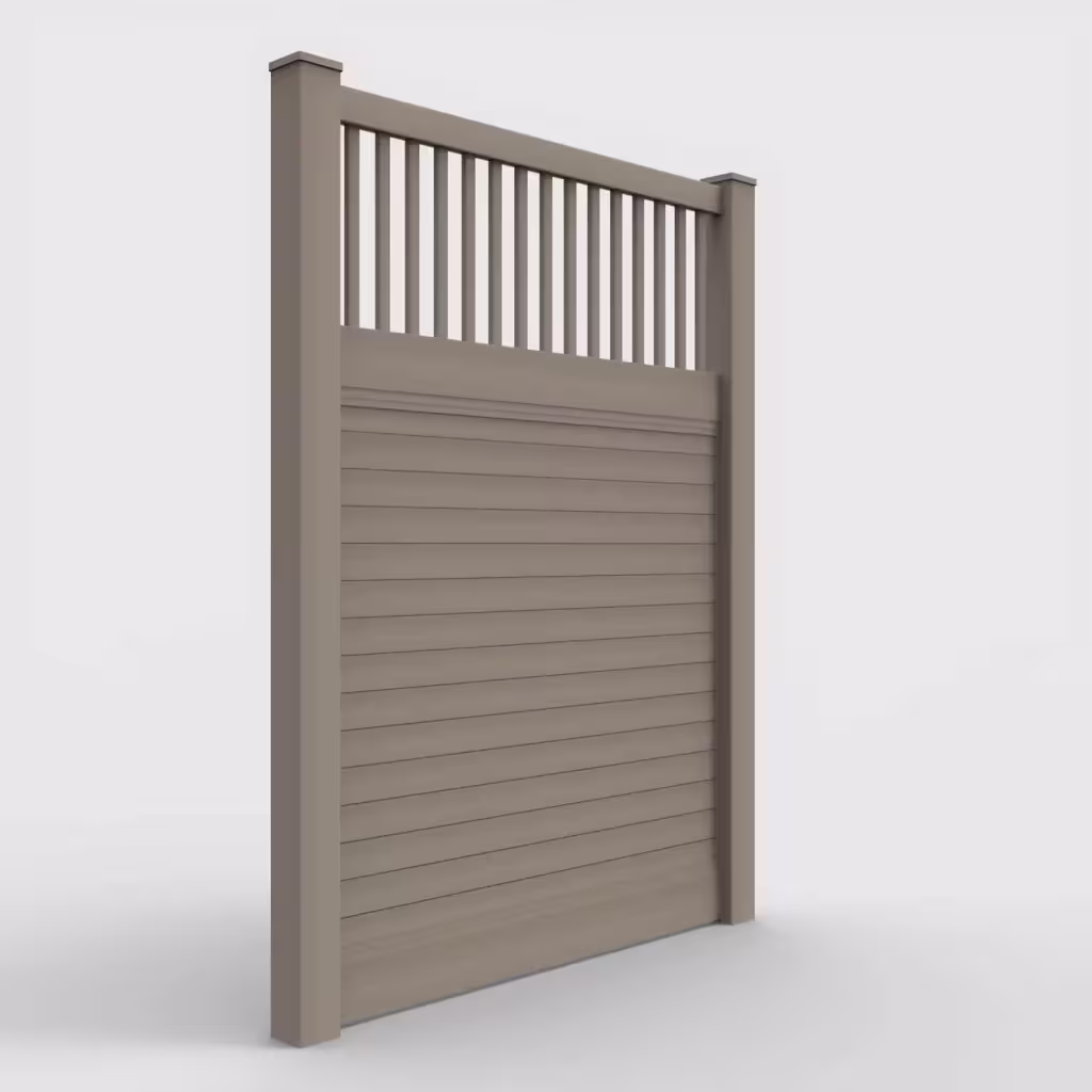 Clay horizontal privacy with picket vertical top 8 ft fence, right-side view