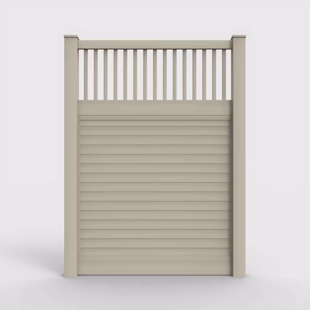 Tan horizontal privacy with picket vertical top 8 ft fence, front view