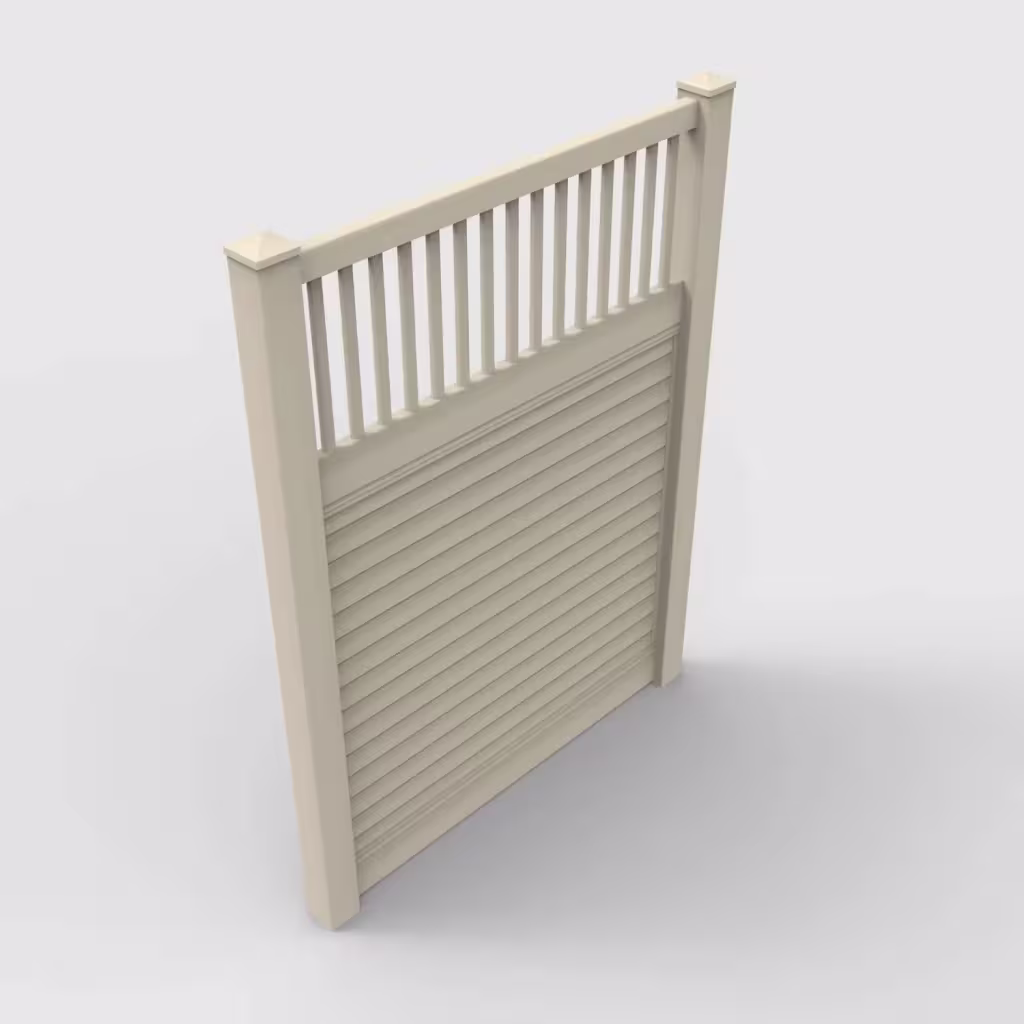 Tan horizontal privacy with picket vertical top 8 ft fence, isometric view